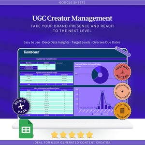 Könnte beinhalten: Ein Laptop-Bildschirm zeigt ein Dashboard mit Datenvisualisierungen, einschließlich Diagrammen und Tabellen. Der Text "UGC Creator Management" steht oben, mit zusätzlichem Text, der für Markenpräsenz und Lead-Generierung wirbt. Symbole weisen auf sofortigen Zugriff und eine Bonusseite hin.