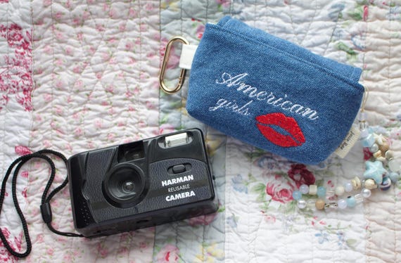 Handmade Denim “American Girls” Camera Case with Clip | Embroidered Pouch for Compact Digital Cameras | Multiple Sizes