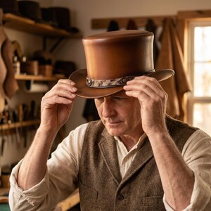 Peut inclure: Un haut-de-forme en cuir marron doté d'une calotte plate et d'un bord incurvé. Le chapeau est orné d'une bande décorative autour de la base, présentant un motif texturé façon peau de bête et de petits clous métalliques sur le devant.