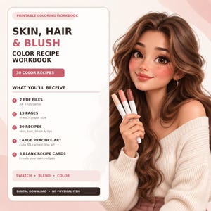 Può includere: Un quaderno di esercizi da colorare digitale intitolato Skin, Hair & Blush Color Recipe Workbook. Include 30 ricette di colore, 2 file PDF in formato A4 e US Letter, 13 pagine, grandi illustrazioni per esercitarsi e 5 schede ricette vuote.