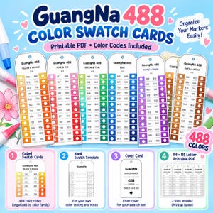 Könnte beinhalten: Ein Set von GuangNa 488 Farbmusterkarten mit druckbaren PDF-Vorlagen und Farbcodes. Die Karten sind nach Farbfamilien sortiert, darunter Gelb-, Orange-, Rosa-, Rot-, Grün-, Türkis-, Blau-, Lila-, Violett-, Erd- und Brauntöne für Marker.