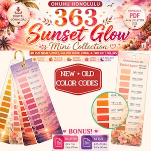 May include: A digital download printable PDF color swatch collection titled Ohuhu Honolulu 363 Sunset Glow. The set includes 40 essential colors in sunset, golden hour, coral, and twilight shades, featuring new and old color codes on fan-style cards.