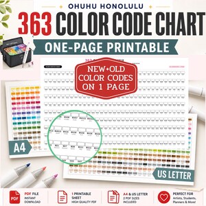 May include: A printable Ohuhu Honolulu 363 colour code chart on a single page. The document displays rows of small rectangular boxes with alphanumeric codes, including a circular magnification of specific codes and labels for A4 and US Letter sizes.