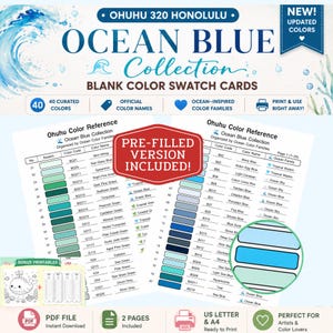 Ohuhu 320 Honolulu Ocean Blue Swatch Cards | Printable Color Reference PDF | Blank Marker Color Chart | A4 & US Letter