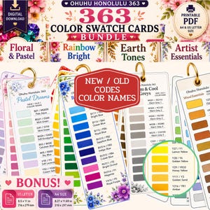 Paquete de 363 tarjetas de muestras de color Ohuhu Honolulu, tabla de colores para marcadores imprimible en PDF, referencia de color para artistas, minicolección, códigos nuevos y antiguos.