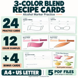 May include: A set of 3-color blend recipe cards for alcohol marker practice, including 24 practice cards, 12 color examples, and 4 bonus cards. The cards feature templates for light, mid, and dark color codes, with examples like Rose Petal and Peach Glow. Includes 5 PDF files in A4 and US Letter sizes.