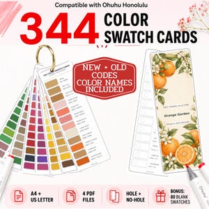 May include: A set of 344 colour swatch cards compatible with Ohuhu Honolulu markers, featuring a gold ring binder, printed colour codes, and names. Includes a Fruit Garden Collection card with orange illustrations and bonus blank swatches in A4 and US Letter.