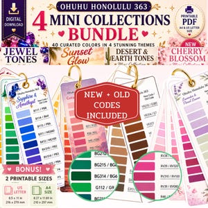 Puede incluir: Un paquete de descarga digital de cartas de colores Ohuhu Honolulu 363 con 4 minicolecciones. El PDF imprimible incluye 40 colores en temas como Jewel Tones, Sunset Glow, Desert & Earth Tones y Cherry Blossom, en tamaño A4 de 210 x 297 mm.