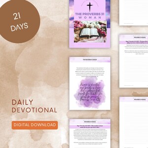 May include: A digital download featuring a daily devotional journal. The design includes a cover with the text "The Proverbs 31 Woman" and a cross. The journal pages have a purple watercolor design and include inspirational quotes and prompts.