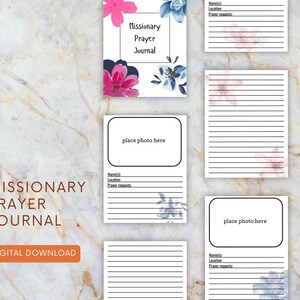May include: A digital download of a Missionary Prayer Journal. The journal pages have lined spaces for notes, a place to add a photo, and floral accents. The cover has the title and floral designs. The words "Digital Download" are in an orange box.