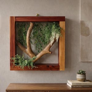 Könnte beinhalten: Ein quadratisches Wandkunstwerk aus Holz mit einem natürlichen Ast und grünen Hängepflanzen. Der Rahmen ist eine Kombination aus dunklen und hellen Holztönen. Oben in der Mitte befindet sich ein kleiner Messingknopf.