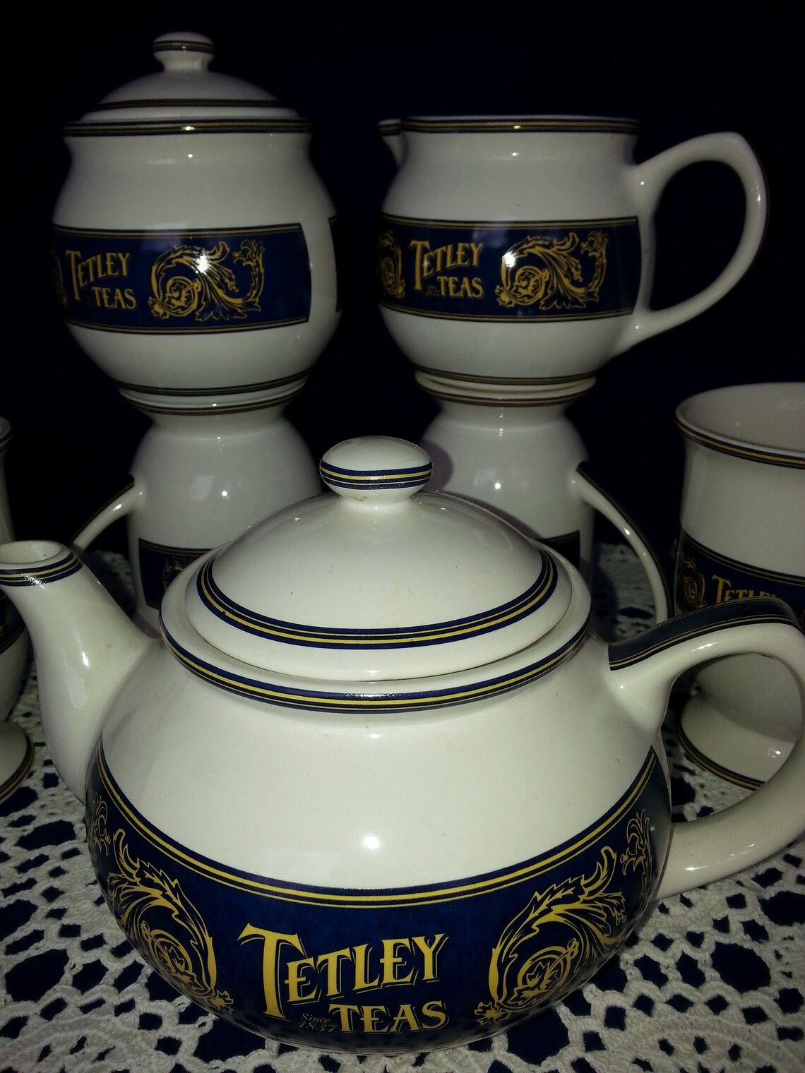 Tetley Teapot Creamer Sugar and Four Footed Mugs Blue and Etsy Canada