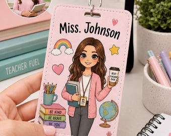 Gepersonaliseerde badgehouder voor leerkrachten, ID-kaarthouder met cartoonportret, portemonnee met keycord voor leerkrachten, gepersonaliseerd cadeau met naam voor de start van het schooljaar
