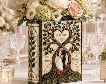 Personalized Stained Glass Wedding Book Vase, Custom Couple Heart Tree Vase, Bridal Shower Gift, Anniversary Keepsake, Gift for Bride