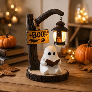 Puede incluir: Un adorno de mesa decorativo que presenta una figura de fantasma blanco leyendo un libro, colocado bajo un poste con forma de árbol marrón oscuro con una linterna colgante y un letrero de madera rectangular que dice BOO! con un gráfico de murciélago y calabaza.