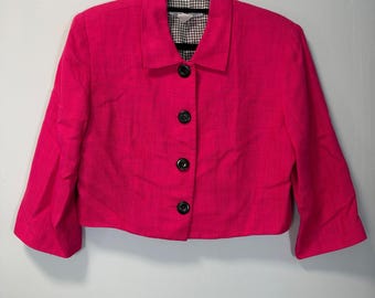 Vintage Maggy London Hot Pink Rayon Cropped 3/4 Sleeve Blazer Jacket Size 10
