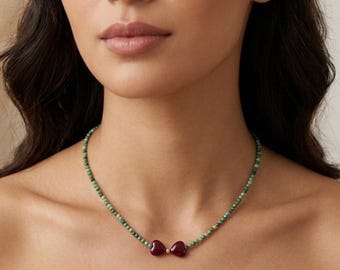 Turquoise Beaded Necklace with Red Heart Charm | Gift idea for her | Y2K Jewelry