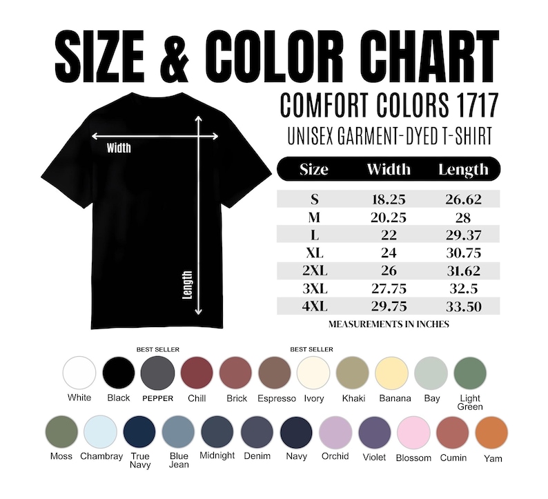 K&ouml;nnte beinhalten: Schwarzes Unisex-T-Shirt, st&uuml;ckgef&auml;rbt, mit einer Gr&ouml;&szlig;en- und Farbtabelle. Die Tabelle listet die Gr&ouml;&szlig;en S bis 4XL mit Ma&szlig;en in Zoll auf. Zu den Farboptionen geh&ouml;ren Wei&szlig;, Schwarz und verschiedene andere Farbt&ouml;ne. Der Text "SIZE & COLOR CHART" steht oben.