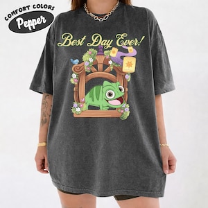Peut inclure: T-shirt gris foncé Comfort Colors avec l'inscription "Best Day Ever !" et une illustration de dessin animé d'un caméléon vert dans un cadre en bois. Le t-shirt présente également un petit oiseau bleu et des lanternes flottantes.