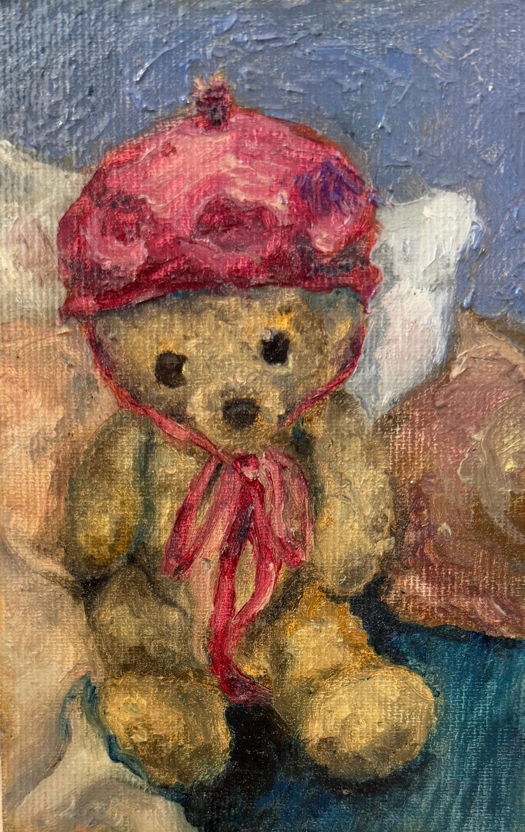 Teddy Bear in a Raspberry Bonnet – Original Oil Painting on Canvas ...