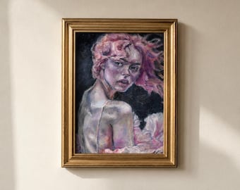 Expressive Oil Portrait of a Woman with Magenta Hair