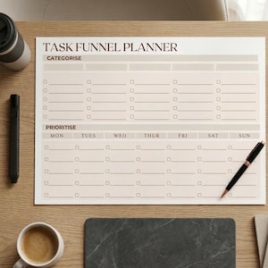 May include: A beige Task Funnel Planner with the words "TASK FUNNEL PLANNER" and "CATEGORISE" and "PRIORITISE" printed on it. A black pen, a black marker, a cup of coffee, and a tumbler are on the wooden surface.