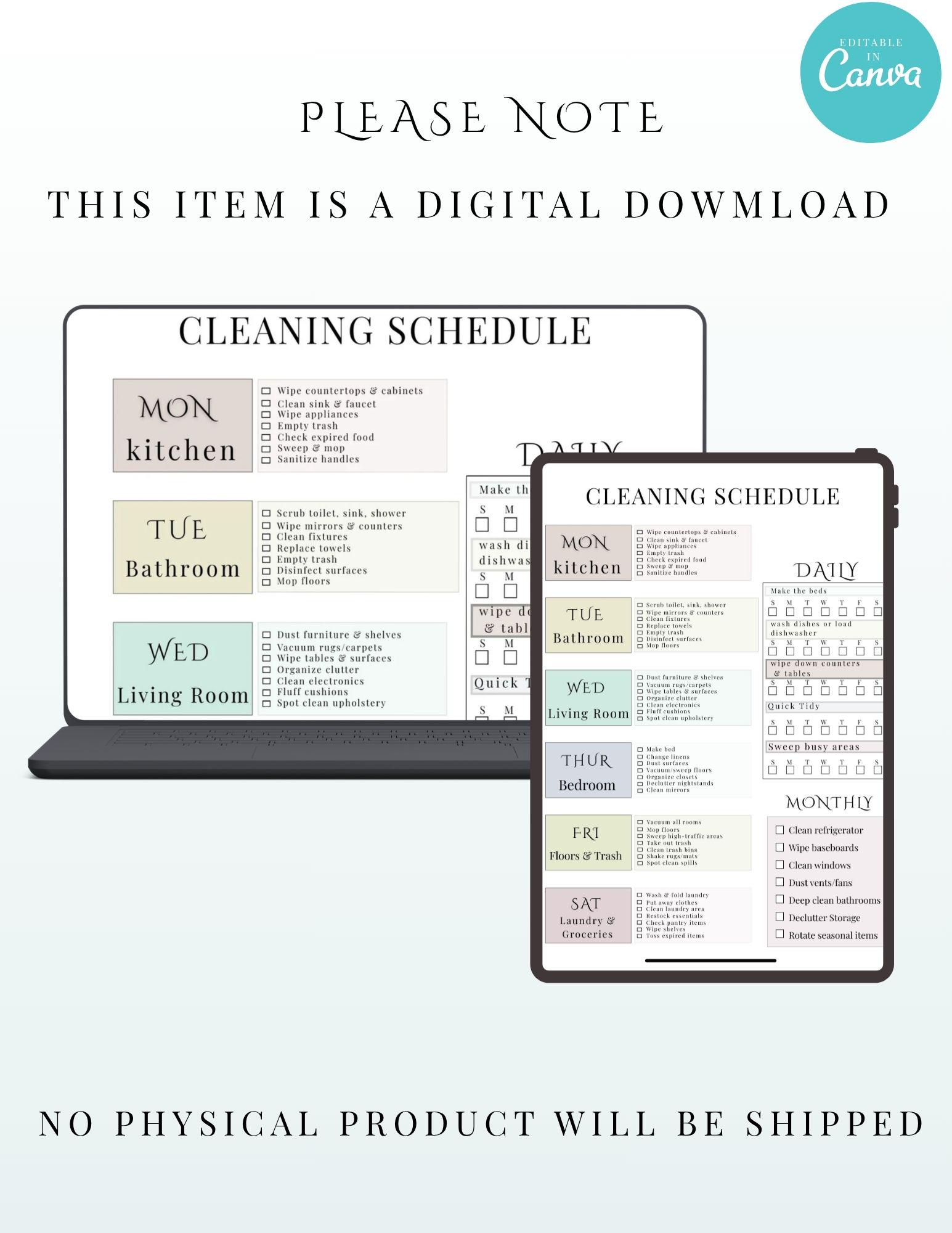 Editable Cleaning Schedule Checklist, Printable Daily, Weekly, Monthly ...