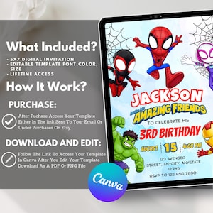 May include: A digital birthday invitation template featuring cartoon superheroes including Spider-Man, Hulk, and Iron Man. The text reads Jackson invite his AMAZING FRIENDS TO CELEBRATE HIS 3RD BIRTHDAY AUGUST 15 4:00 PM 123 AVENGER STREET, ANYCITY, ANYSTATE 12345.