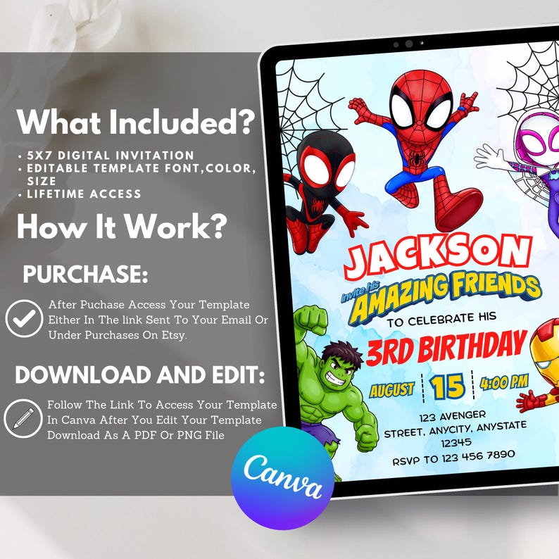 May include: A digital birthday invitation template featuring cartoon superheroes including Spider-Man, Hulk, and Iron Man. The text reads Jackson invite his AMAZING FRIENDS TO CELEBRATE HIS 3RD BIRTHDAY AUGUST 15 4:00 PM 123 AVENGER STREET, ANYCITY, ANYSTATE 12345.