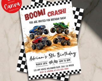 Monster Truck verjaardagsuitnodiging, Monster Truck verjaardagsfeestje uitnodiging, Instant Download, bewerkbare Canva-sjabloon 5 x 7