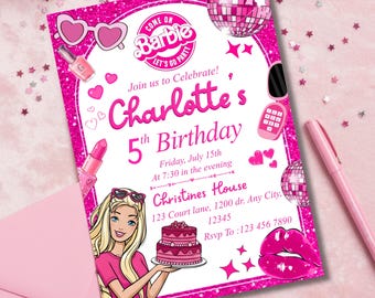 Editable fashion doll birthday Invitation, Pink Glitter Party, Bestie Invite, Digital Download, Canva Template