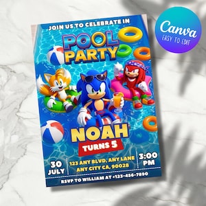 Può includere: Un invito rettangolare per una festa in piscina con Sonic, Tails e Knuckles in acqua. Il testo recita JOIN US TO CELEBRATE IN POOL PARTY, NOAH TURNS 5, 30 JULY, 123 ANY BLVD, ANY LANE, ANY CITY CA, 90028, 3:00 PM, RSVP TO WILLIAM AT +123-456-7890.