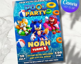 Uitnodiging voor een Sonic zwembadfeestje, Sonic zwembadfeestje, uitnodiging voor een Sonic the Hedgehog zomerfeestje, 5x7 Canva-sjabloon (digitale download)