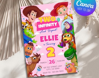 Bewerkbare uitnodiging voor een tweede verjaardagsfeest voor meisjes met het thema "Tweede verjaardag, oneindigheid en verder", uitnodiging voor een tweede verjaardagsfeestje met het thema Toy Story, uitnodiging voor een meisje met het thema Toy Story, 5x7 inch Canva