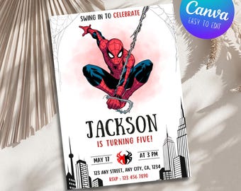Spider-Man verjaardagskaart, uitnodiging voor een Spider-Man jongensverjaardagsfeestje, kinderverjaardagskaart, bewerkbare Canva-sjabloon (digitale download)