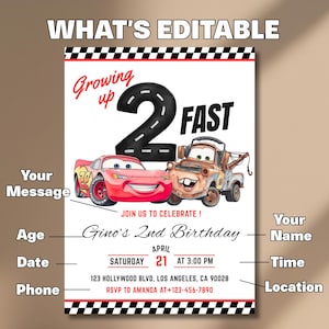 May include: A birthday invitation featuring Lightning McQueen and Mater from the Cars movie. The invitation has the text "Growing up 2 Fast" and includes editable fields for the name, age, date, time, and location of the party.