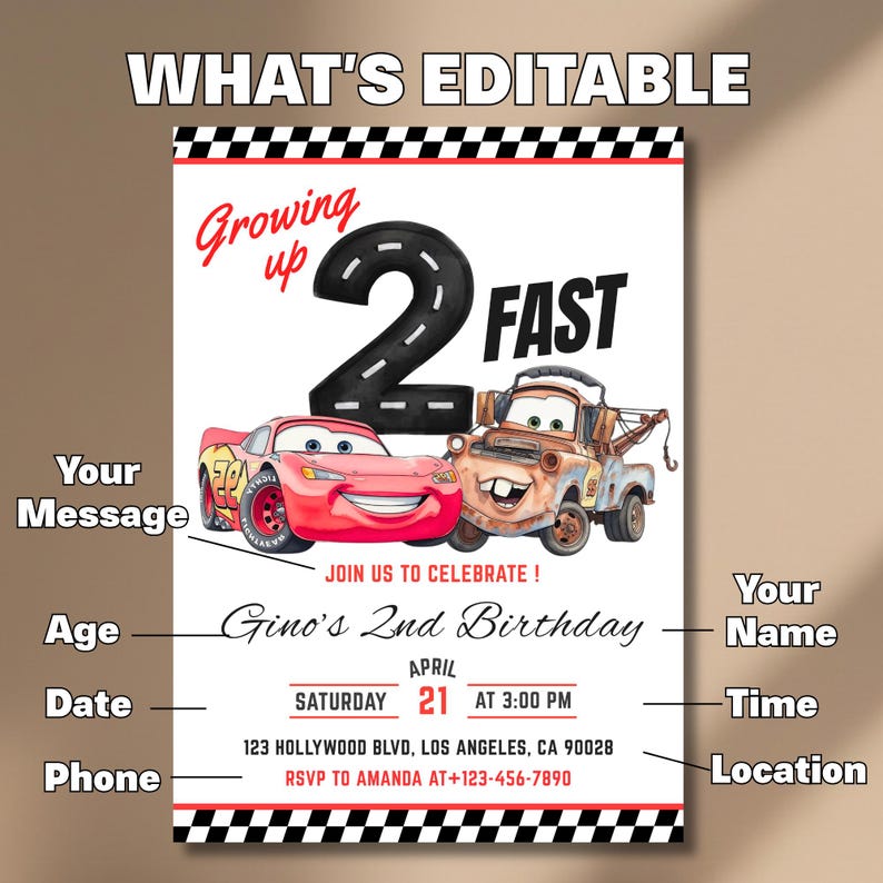 May include: A birthday invitation featuring Lightning McQueen and Mater from the Cars movie. The invitation has the text "Growing up 2 Fast" and includes editable fields for the name, age, date, time, and location of the party.