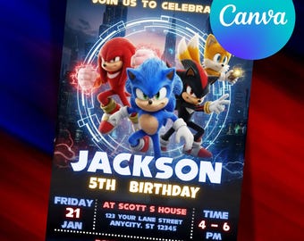 Sonic Birthday Invitation, Super Sonic Party Invitation, Super Hedgehog Boys Party Invite, Editable Sonic Invite Template, Canva Template