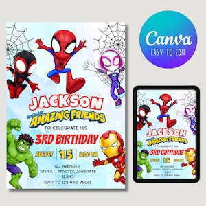 May include: A digital birthday invitation template featuring cartoon illustrations of Spider-Man, Ghost-Spider, Hulk, and Iron Man. The text reads: JACKSON INVITE HIS AMAZING FRIENDS TO CELEBRATE HIS 3RD BIRTHDAY, AUGUST 15, 4:00 PM, 123 AVENGER STREET.