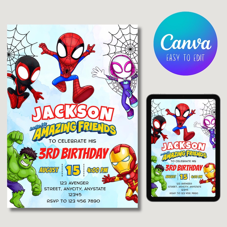 May include: A digital birthday invitation template featuring cartoon illustrations of Spider-Man, Ghost-Spider, Hulk, and Iron Man. The text reads: JACKSON INVITE HIS AMAZING FRIENDS TO CELEBRATE HIS 3RD BIRTHDAY, AUGUST 15, 4:00 PM, 123 AVENGER STREET.