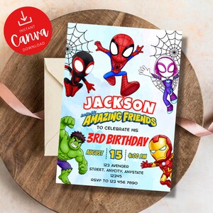 May include: A rectangular birthday invitation card featuring cartoon illustrations of Spider-Man, Ghost-Spider, Hulk, and Iron Man. The text reads: Jackson invite his AMAZING FRIENDS TO CELEBRATE HIS 3RD BIRTHDAY AUGUST 15 4:00 PM 123 AVENGER STREET.