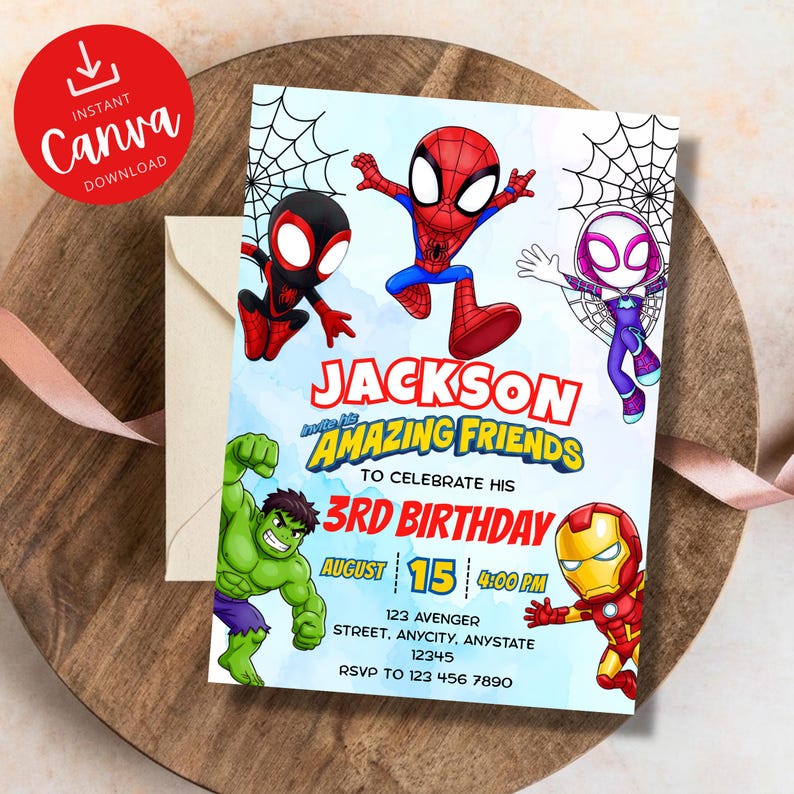 May include: A rectangular birthday invitation card featuring cartoon illustrations of Spider-Man, Ghost-Spider, Hulk, and Iron Man. The text reads: Jackson invite his AMAZING FRIENDS TO CELEBRATE HIS 3RD BIRTHDAY AUGUST 15 4:00 PM 123 AVENGER STREET.