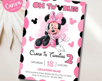 Bewerkbare Minnie Mouse verjaardagsuitnodiging, elke leeftijd Minnie Mouse feestuitnodiging, kinderverjaardagsuitnodiging, Canva-sjabloon, DIY-teksten, Instant Canva