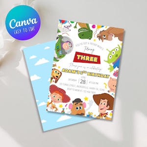 May include: A rectangular birthday invitation card featuring colourful cartoon characters including a cowboy, cowgirl, space ranger, and green alien. The text reads: You've got a friend who's turning THREE, Adam's 3rd Birthday, June 28, 5:00 PM, 123 Tunas Street.