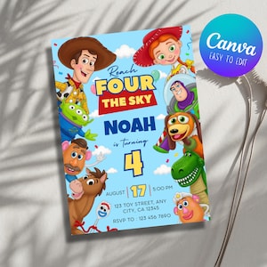 May include: A light blue birthday invitation card featuring cartoon characters including a cowboy, cowgirl, space ranger, green alien, potato figures, a dinosaur, and a spork. Text reads Reach FOUR THE SKY, NOAH is Turning 4, August 17, 5:00 PM.