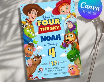 Toy Story 'Reach For The Sky' verjaardagskaart, digitale download, Toy Story thema uitnodiging voor een 4e verjaardag, 5x7 canvas sjabloon