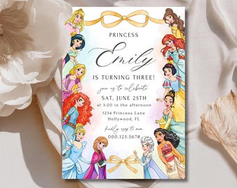Prinsessen verjaardagskaart, bewerkbare uitnodiging met prinsessenthema voor elke leeftijd, roze prinsessenfeest met koninklijk thema, bewerkbaar Canva-sjabloon (5x7 inch)