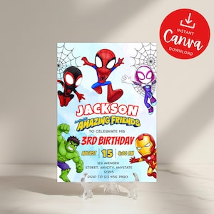 May include: A rectangular birthday invitation card featuring cartoon illustrations of Spider-Man, Miles Morales, Ghost-Spider, Hulk, and Iron Man. The text reads Jackson and his Amazing Friends to celebrate his 3rd birthday on August 15 at 4:00 PM.