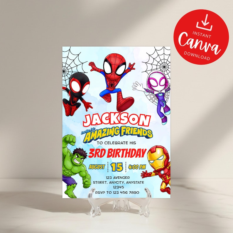 May include: A rectangular birthday invitation card featuring cartoon illustrations of Spider-Man, Miles Morales, Ghost-Spider, Hulk, and Iron Man. The text reads Jackson and his Amazing Friends to celebrate his 3rd birthday on August 15 at 4:00 PM.