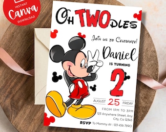 Editable Mickey Mouse Birthday Invitation, Oh Twodles Birthday Invite, Cute Mouse Second Birthday Party, Kids Invite, Canva Template